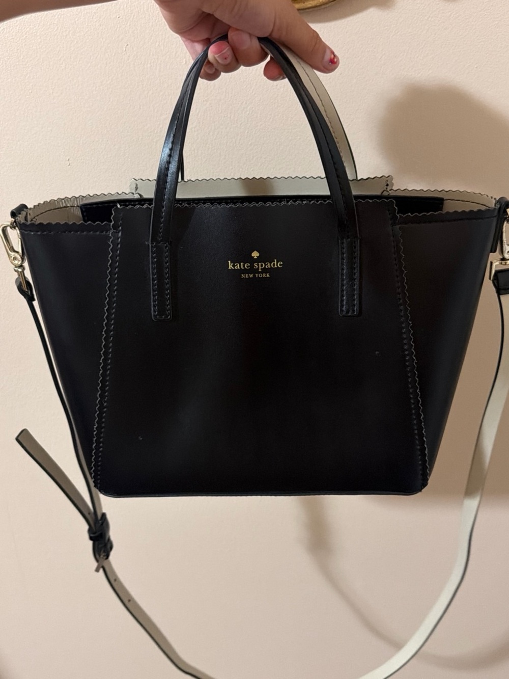 kate spade Black Leather Scalloped Tote with Contrast Strap